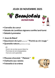 Menu de la journée Beaujolais nouveau du 20 novembre.